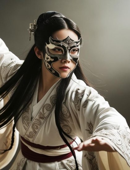 幫我畫一個戴著全臉面具的東方長髮漢服美人